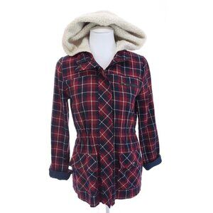 Blu Pepper Womens Flannel Full Zip Sherpa Lined Hooded Utility Jacket Red Sz S
